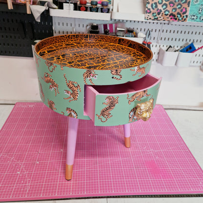 Tiger Table - Mint green and pink round bedside table . Fun Bright Home Decor . Ideal for Nightstand or side table. Gold Leaf Tiger Handle.