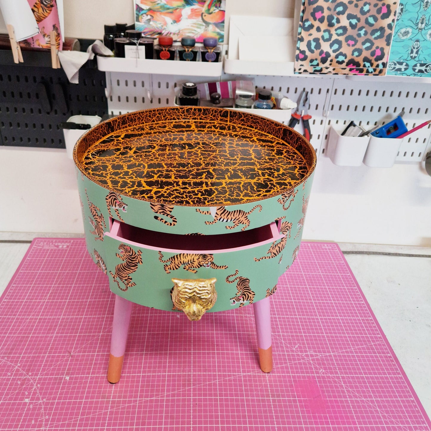 Tiger Table - Mint green and pink round bedside table . Fun Bright Home Decor . Ideal for Nightstand or side table. Gold Leaf Tiger Handle.