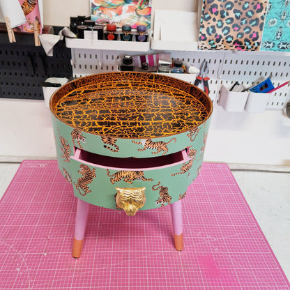 Tiger Table - Mint green and pink round bedside table . Fun Bright Home Decor . Ideal for Nightstand or side table. Gold Leaf Tiger Handle.