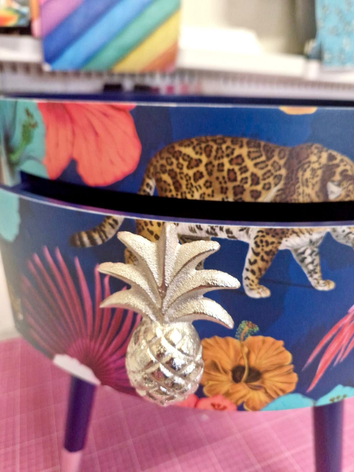 Flocking Fab - Navy Blue and silver tropical side table . Flamingo and leopard print nightstand , silver leaf  bedside table , flamingo and cheetah design