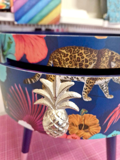 Flocking Fab - Navy Blue and silver tropical side table . Flamingo and leopard print nightstand , silver leaf  bedside table , flamingo and cheetah design