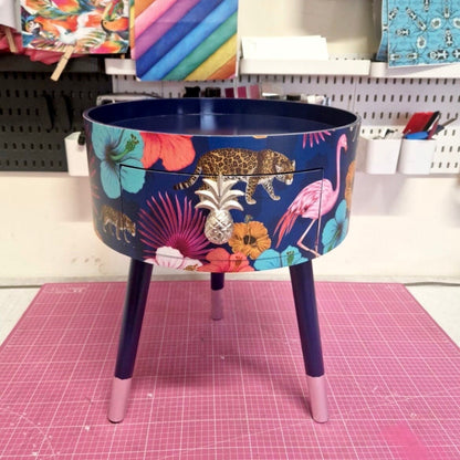 Flocking Fab - Navy Blue and silver tropical side table . Flamingo and leopard print nightstand , silver leaf  bedside table , flamingo and cheetah design