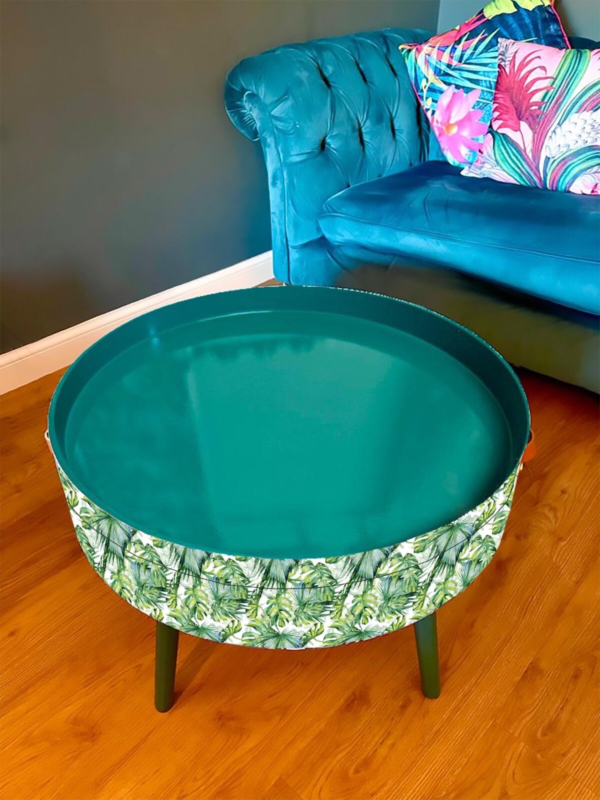 Round coffee table , green botanical and leaf print , jungle and plant print.  Round table, lift off top for storage