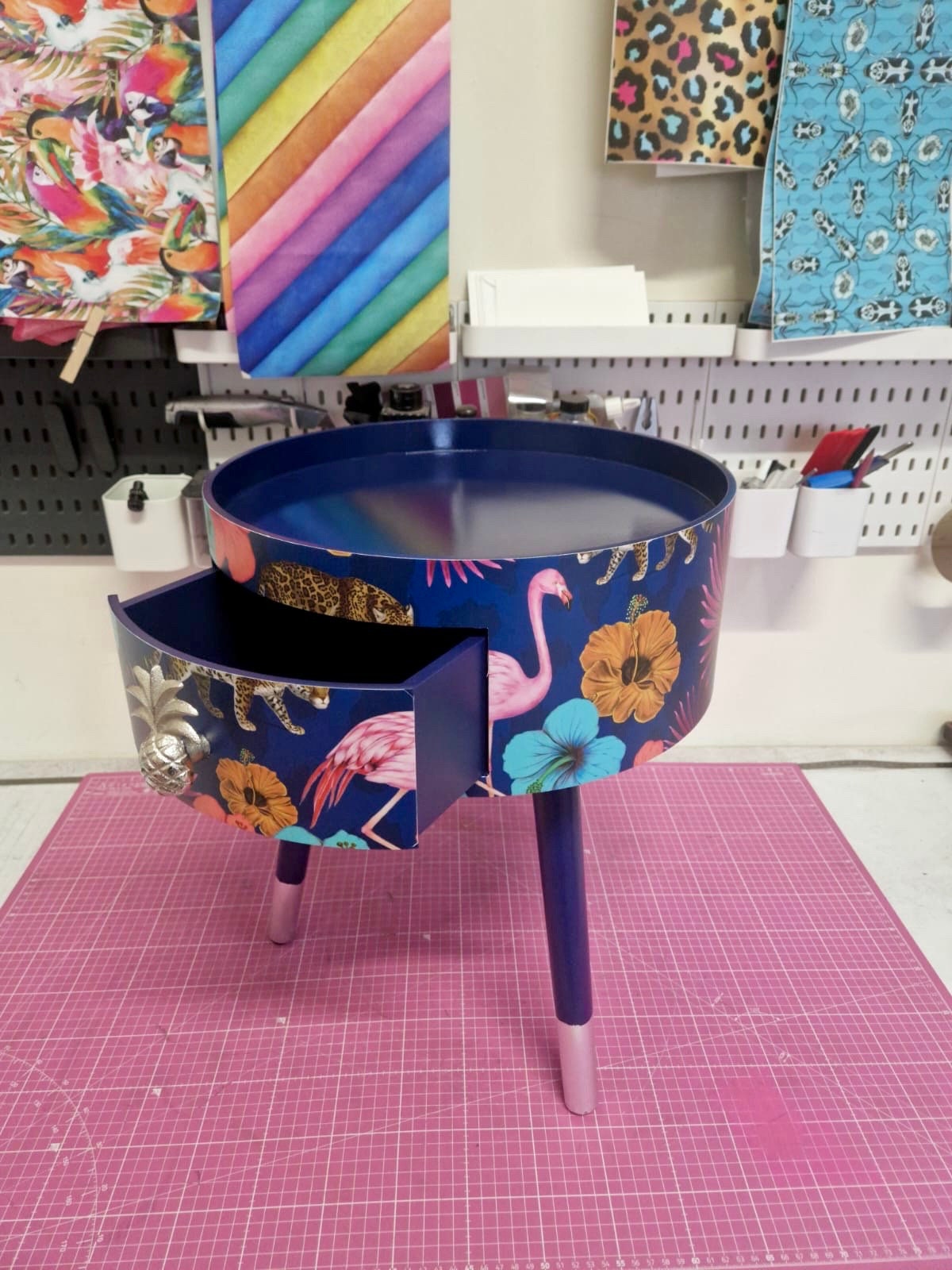 Flocking Fab - Navy Blue and silver tropical side table . Flamingo and leopard print nightstand , silver leaf  bedside table , flamingo and cheetah design