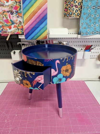Flocking Fab - Navy Blue and silver tropical side table . Flamingo and leopard print nightstand , silver leaf  bedside table , flamingo and cheetah design