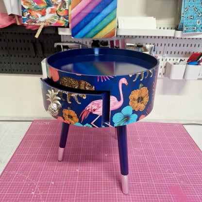 Flocking Fab - Navy Blue and silver tropical side table . Flamingo and leopard print nightstand , silver leaf  bedside table , flamingo and cheetah design