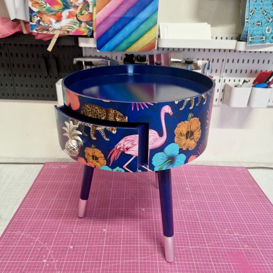 Flocking Fab - Navy Blue and silver tropical side table . Flamingo and leopard print nightstand , silver leaf  bedside table , flamingo and cheetah design
