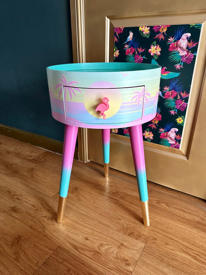 Malibu - Pink with Barbie on top.  mint and pink ombre, sunset, flamingo, Palm Springs nightstand , doll detail, taller legs