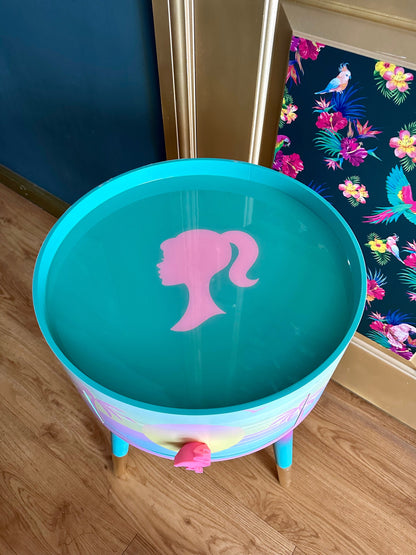 Malibu - Pink with Barbie on top.  mint and pink ombre, sunset, flamingo, Palm Springs nightstand , doll detail, taller legs