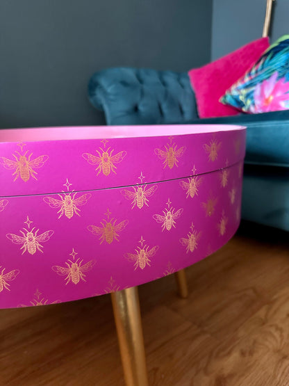 Round pink coffee table , gold and pink bee design, gold leaf legs, lift off top, large lounge table , ideal for living room