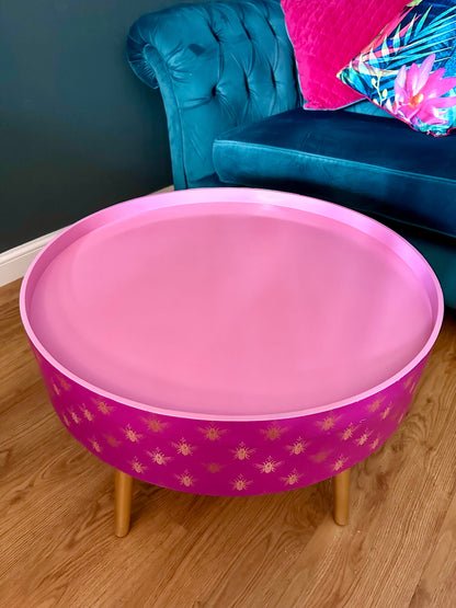 Round pink coffee table , gold and pink bee design, gold leaf legs, lift off top, large lounge table , ideal for living room
