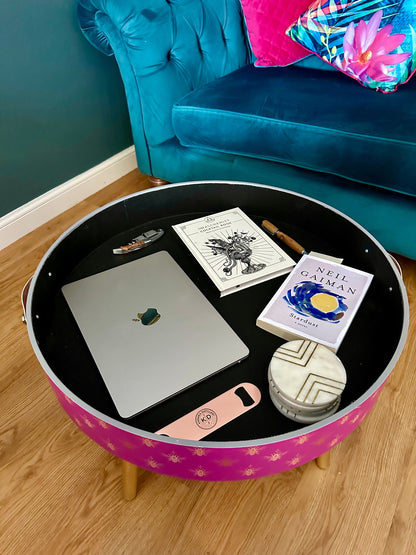 Round pink coffee table , gold and pink bee design, gold leaf legs, lift off top, large lounge table , ideal for living room