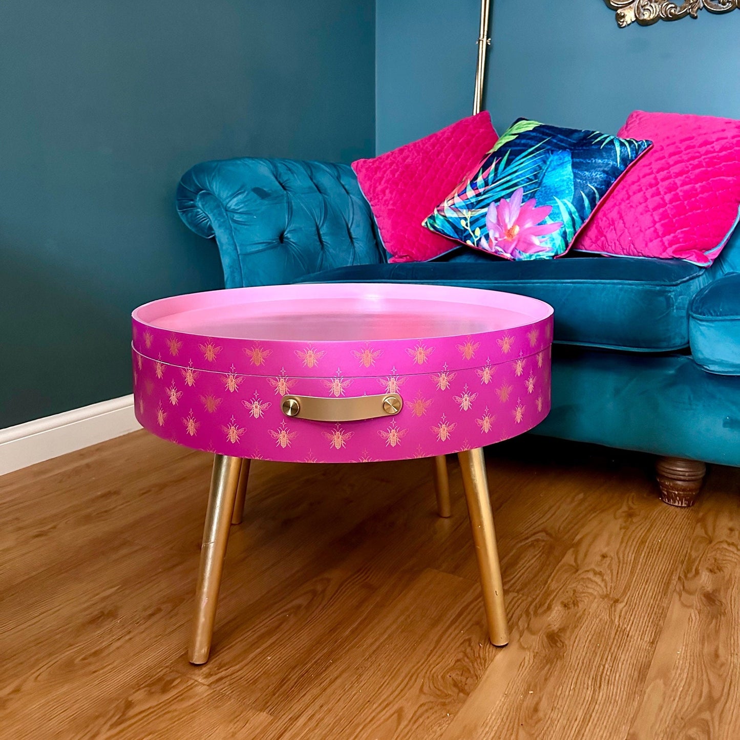 Round pink coffee table , gold and pink bee design, gold leaf legs, lift off top, large lounge table , ideal for living room