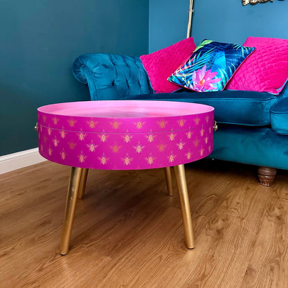 Round pink coffee table , gold and pink bee design, gold leaf legs, lift off top, large lounge table , ideal for living room