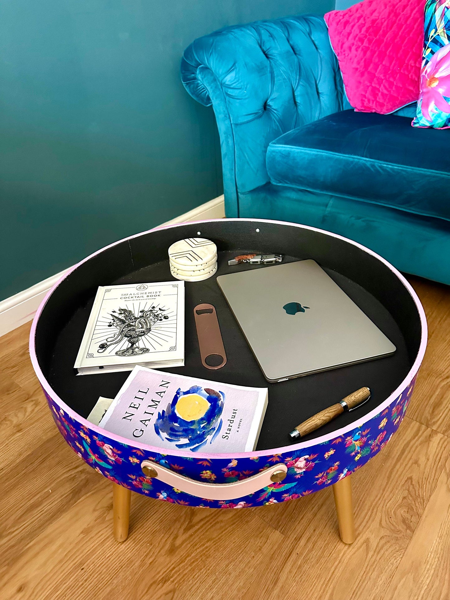 Round cobalt blue and pink coffee table , tropical parrot floral design, gold leaf top, lift off top, large lounge table , living room