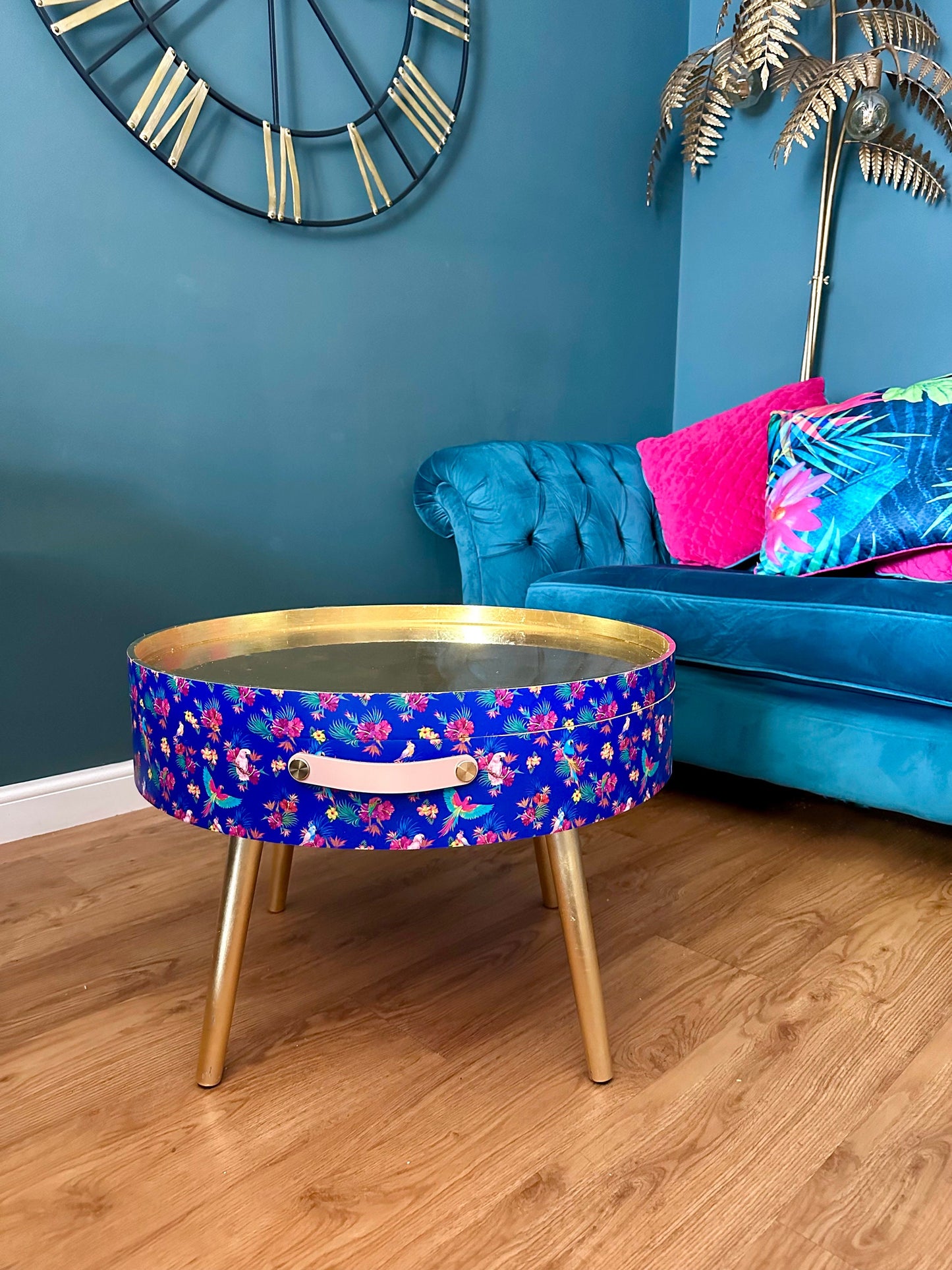 Round cobalt blue and pink coffee table , tropical parrot floral design, gold leaf top, lift off top, large lounge table , living room