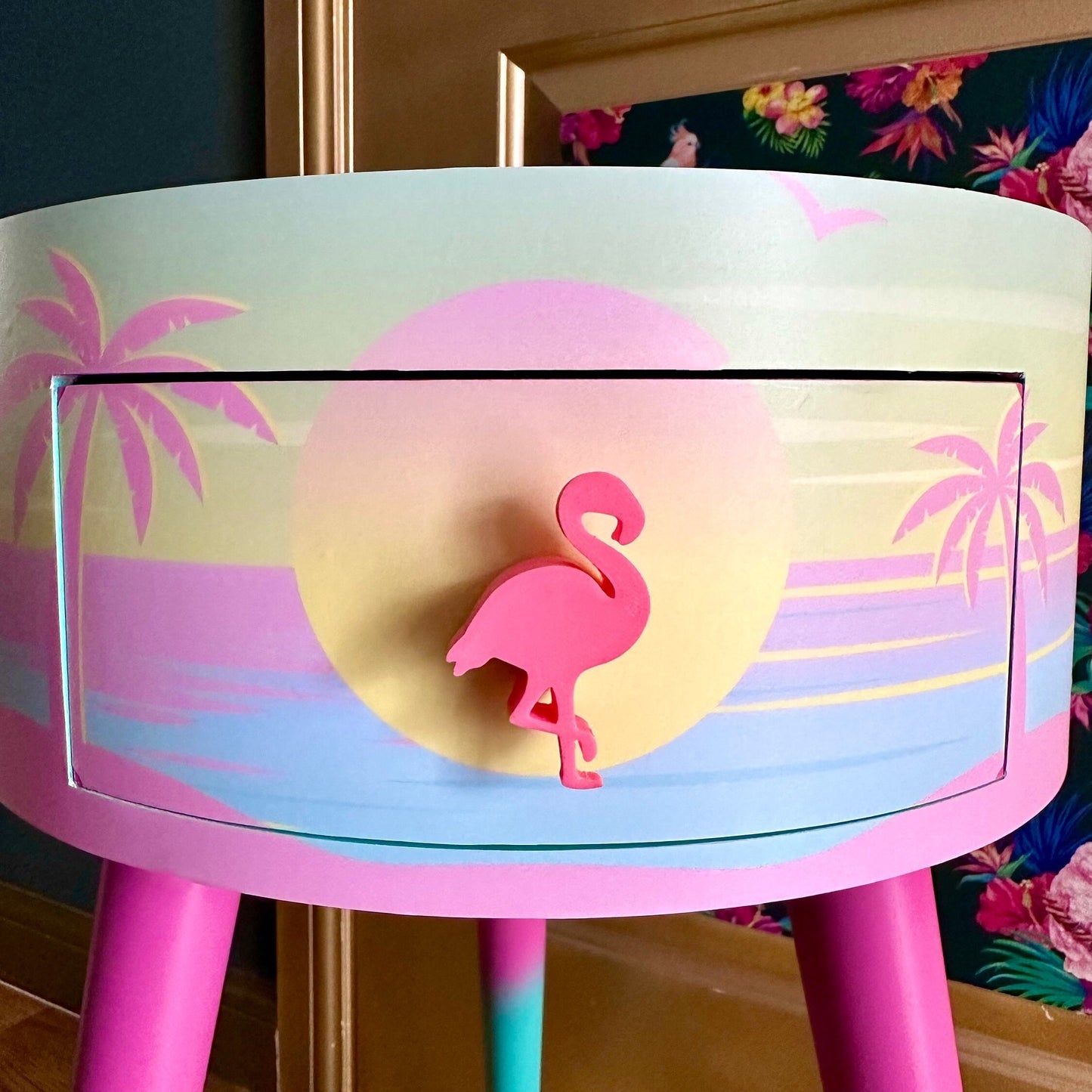 Malibu - Pink with Barbie on top.  mint and pink ombre, sunset, flamingo, Palm Springs nightstand , doll detail, taller legs