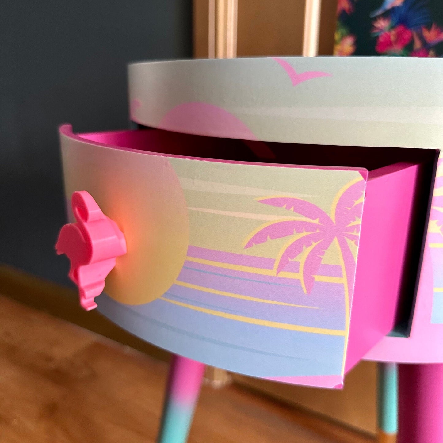 Malibu - Pink with Barbie on top.  mint and pink ombre, sunset, flamingo, Palm Springs nightstand , doll detail, taller legs