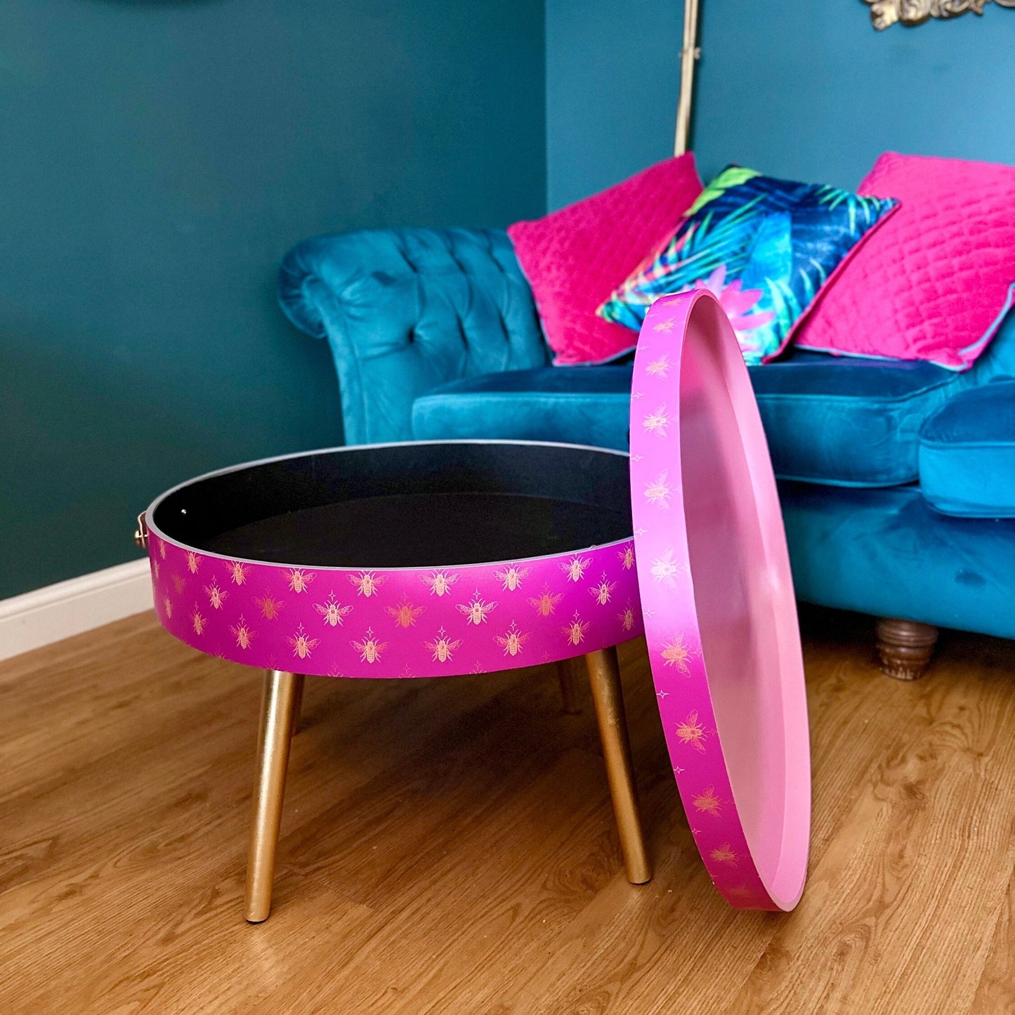 Round pink coffee table , gold and pink bee design, gold leaf legs, lift off top, large lounge table , ideal for living room