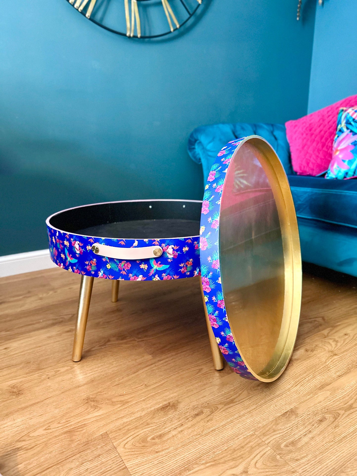 Round cobalt blue and pink coffee table , tropical parrot floral design, gold leaf top, lift off top, large lounge table , living room