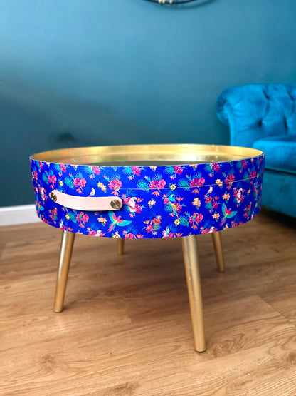 Round cobalt blue and pink coffee table , tropical parrot floral design, gold leaf top, lift off top, large lounge table , living room
