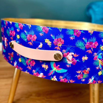 Round cobalt blue and pink coffee table , tropical parrot floral design, gold leaf top, lift off top, large lounge table , living room
