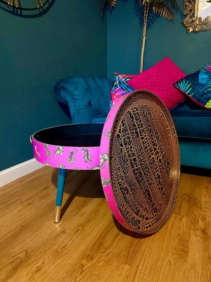 Round pink tiger coffee table , emerald and gold design, magenta lift off top, large lounge table , ideal for living room