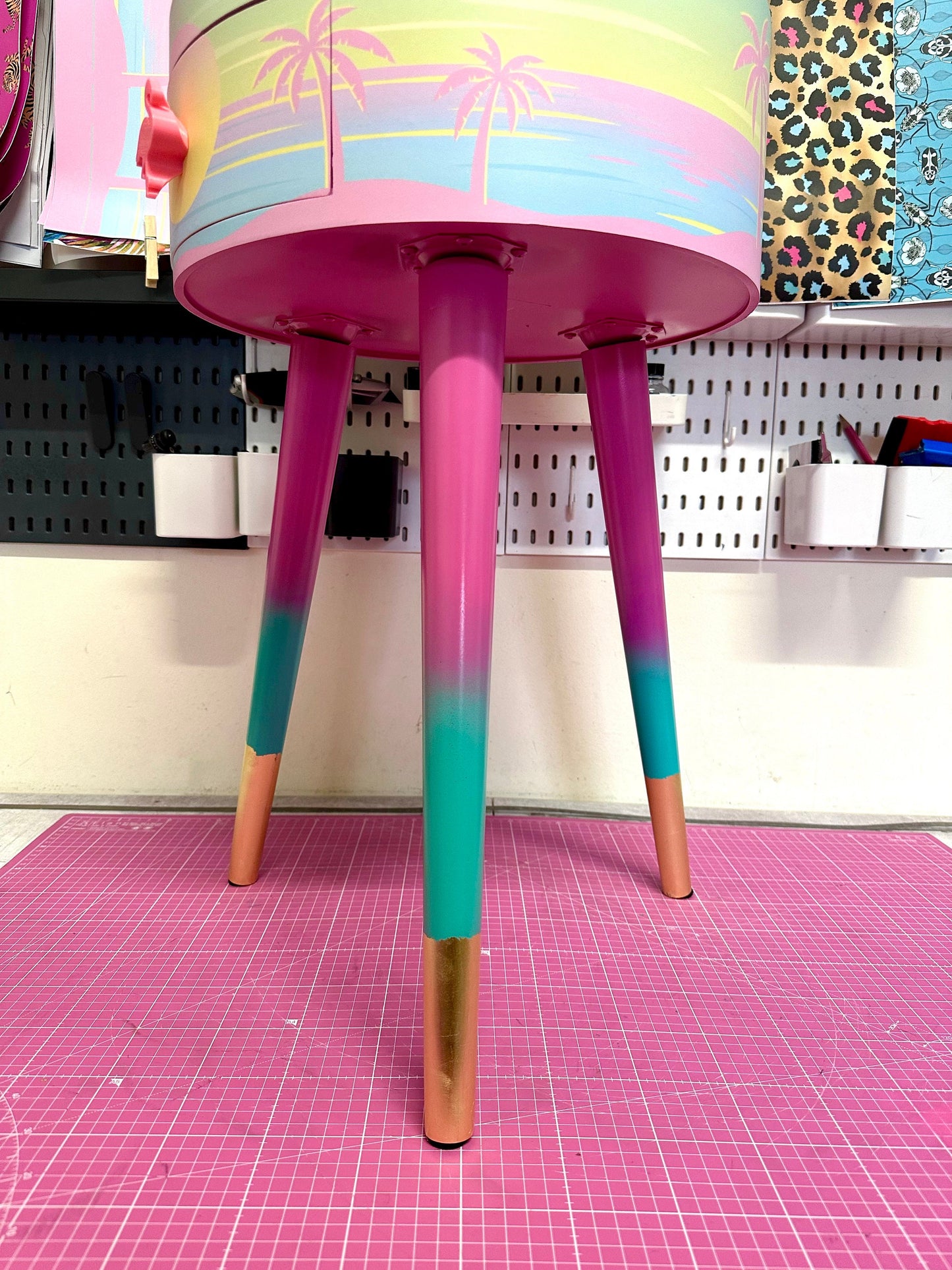 Malibu - Pink with flamingo on top. Side table,  mint and pink ombre, sunset, flamingo, Palm Springs nightstand , doll detail, taller legs