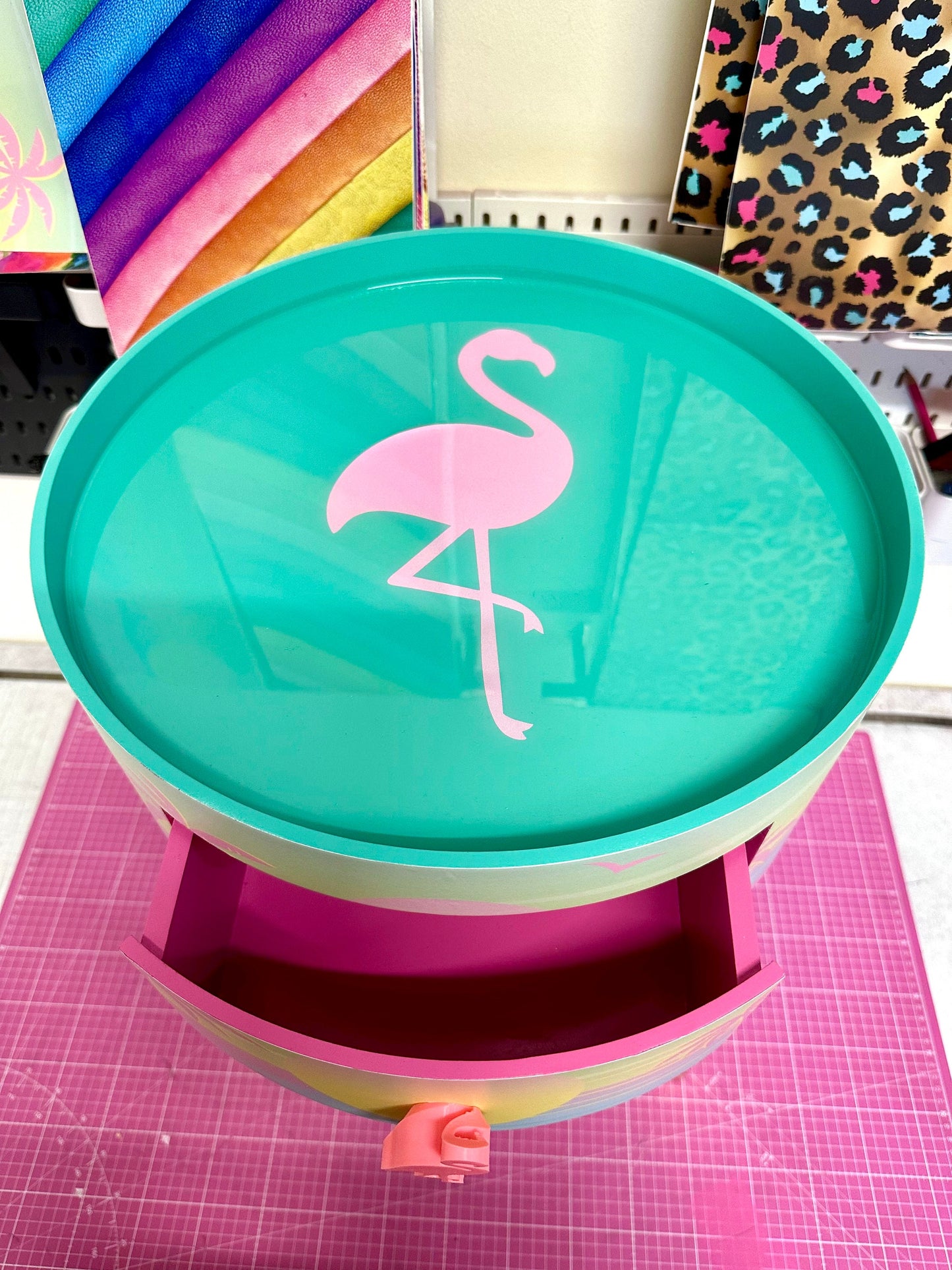 Malibu - Pink with flamingo on top. Side table,  mint and pink ombre, sunset, flamingo, Palm Springs nightstand , doll detail, taller legs