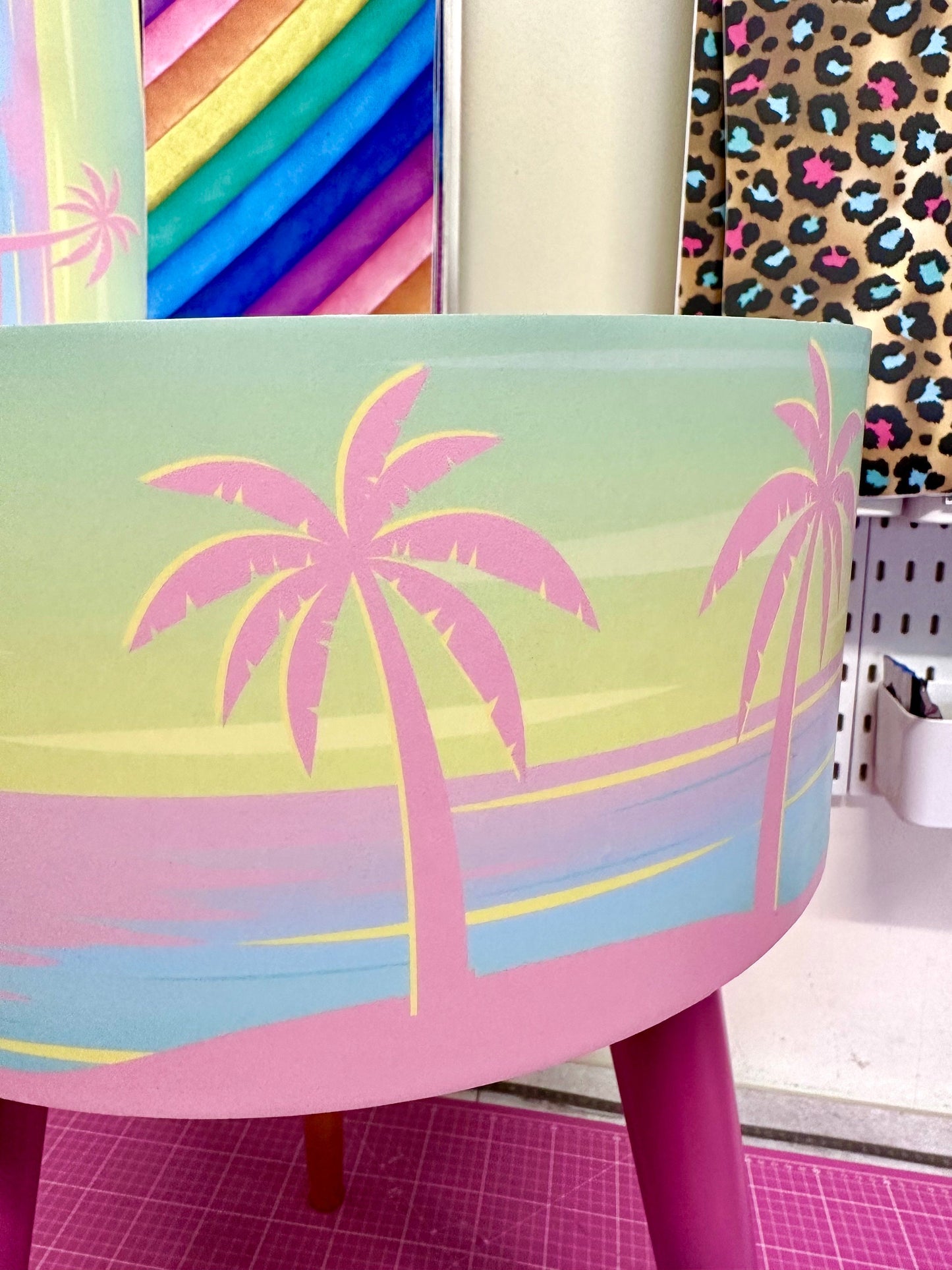 Malibu - Pink with flamingo on top. Side table,  mint and pink ombre, sunset, flamingo, Palm Springs nightstand , doll detail, taller legs
