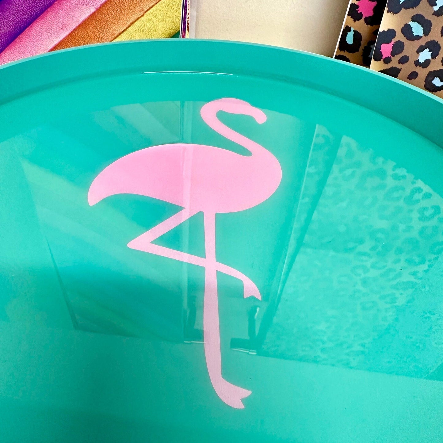 Malibu - Pink with flamingo on top. Side table,  mint and pink ombre, sunset, flamingo, Palm Springs nightstand , doll detail, taller legs