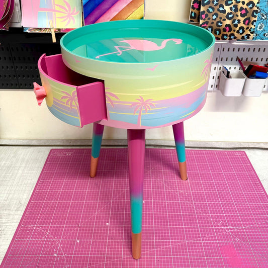 Malibu - Pink with flamingo on top. Side table,  mint and pink ombre, sunset, flamingo, Palm Springs nightstand , doll detail, taller legs