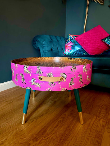 Round pink tiger coffee table , emerald and gold design, magenta lift off top, large lounge table , ideal for living room