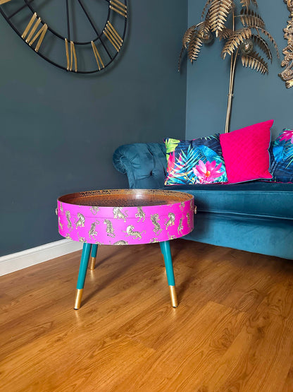 Round pink tiger coffee table , emerald and gold design, magenta lift off top, large lounge table , ideal for living room