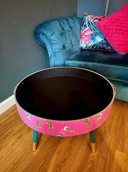 Round pink tiger coffee table , emerald and gold design, magenta lift off top, large lounge table , ideal for living room