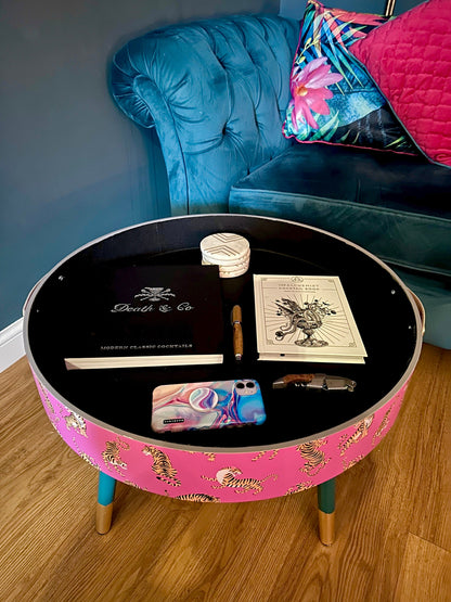 Round pink tiger coffee table , emerald and gold design, magenta lift off top, large lounge table , ideal for living room