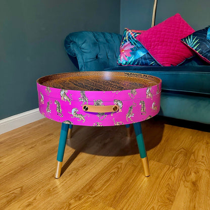 Round pink tiger coffee table , emerald and gold design, magenta lift off top, large lounge table , ideal for living room