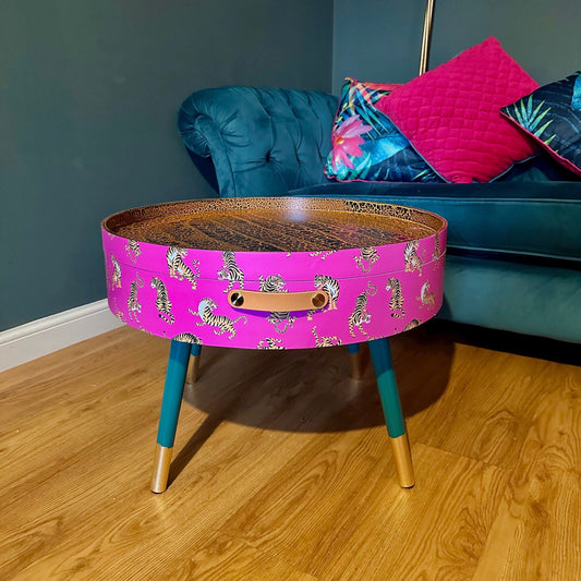 Round pink tiger coffee table , emerald and gold design, magenta lift off top, large lounge table , ideal for living room
