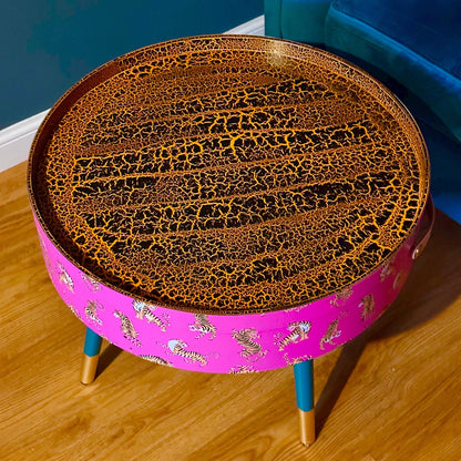 Round pink tiger coffee table , emerald and gold design, magenta lift off top, large lounge table , ideal for living room