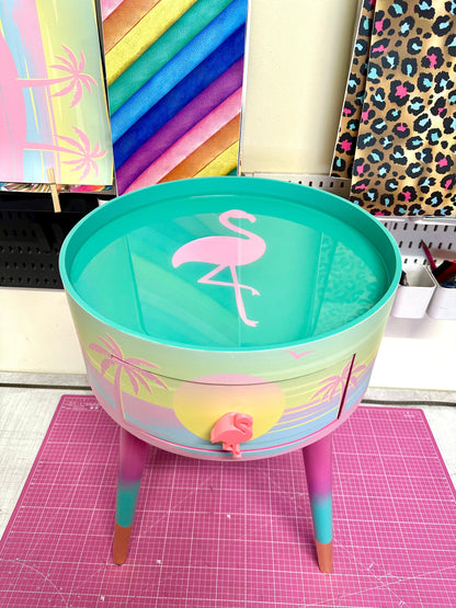Malibu - Pink with flamingo on top. Side table,  mint and pink ombre, sunset, flamingo, Palm Springs nightstand , doll detail, taller legs