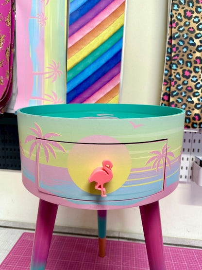 Malibu - Pink with flamingo on top. Side table,  mint and pink ombre, sunset, flamingo, Palm Springs nightstand , doll detail, taller legs