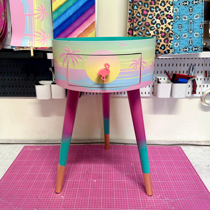Malibu - Pink with flamingo on top. Side table,  mint and pink ombre, sunset, flamingo, Palm Springs nightstand , doll detail, taller legs