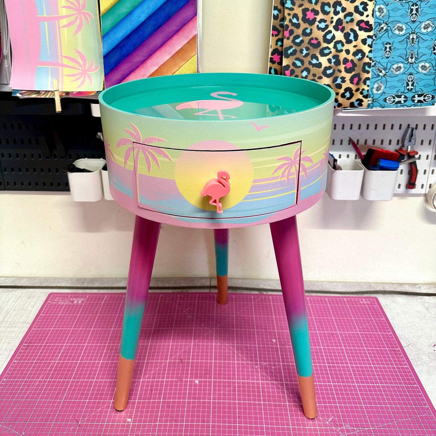 Malibu - Pink with flamingo on top. Side table,  mint and pink ombre, sunset, flamingo, Palm Springs nightstand , doll detail, taller legs