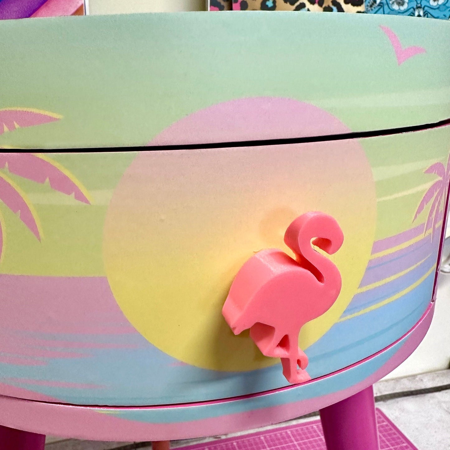 Malibu - Pink with flamingo on top. Side table,  mint and pink ombre, sunset, flamingo, Palm Springs nightstand , doll detail, taller legs