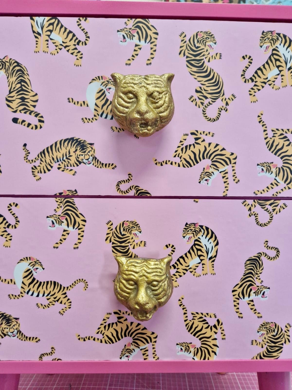 Pink Tiger square bedside table, two drawers, ideal nightstand. Flamingo and baby pink with gold. Customisable