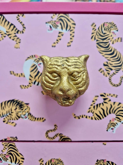 Pink Tiger square bedside table, two drawers, ideal nightstand. Flamingo and baby pink with gold. Customisable