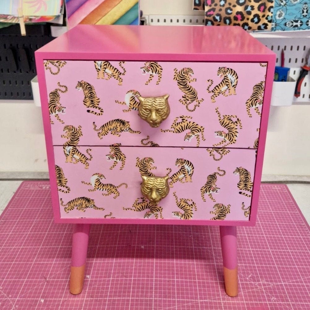 Pink Tiger square bedside table, two drawers, ideal nightstand. Flamingo and baby pink with gold. Customisable