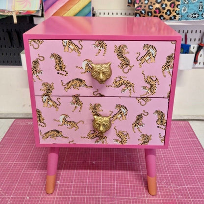 Pink Tiger square bedside table, two drawers, ideal nightstand. Flamingo and baby pink with gold. Customisable