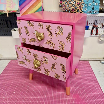 Pink Tiger square bedside table, two drawers, ideal nightstand. Flamingo and baby pink with gold. Customisable