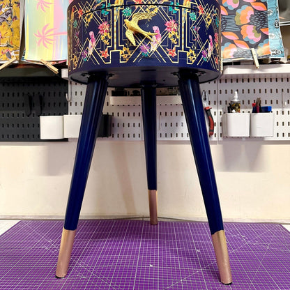 Art Deco Birds - Navy blue, bedside table,  gold and pink bird design. Bedroom nightstand, colourful bedside end table. Taller legs with drawer